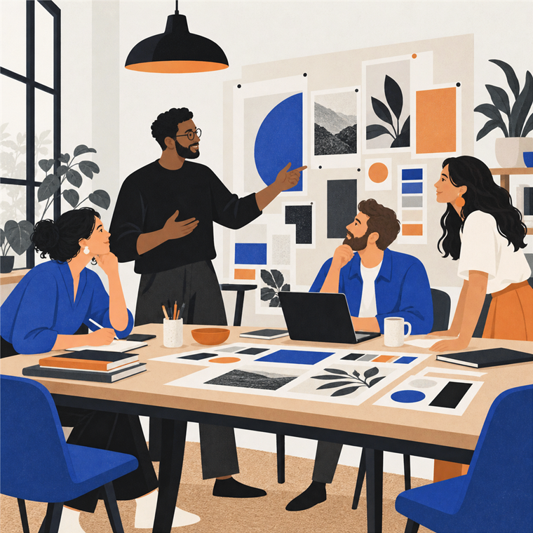 Editorial illustration of a creative team sharing ideas in a studio workshop