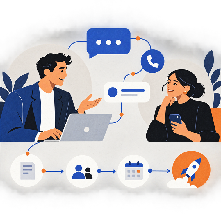 Vector-style illustration of two professionals starting a digital project conversation