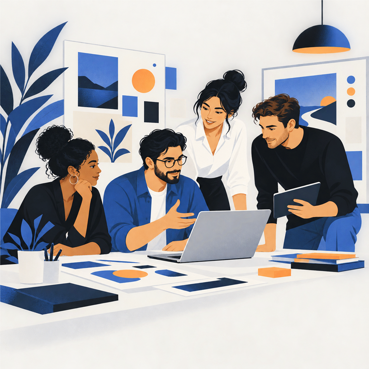Editorial illustration of a digital agency team collaborating around a laptop