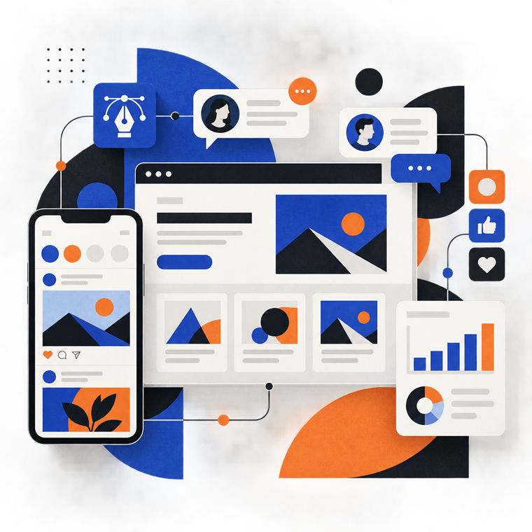 Vector-style illustration showing connected website, social media, design and analytics tools